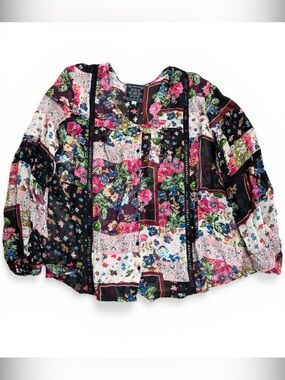 Johnny Was Jade Roswell Pieced Blouse Pink Black Lace Patchwork Floral Top L